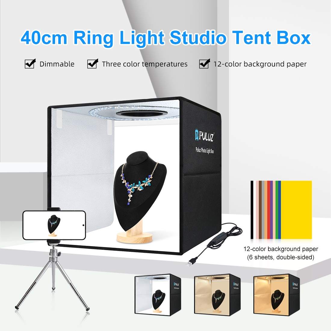 Photography Composition - PULUZ กล่องถ่ายภาพแบบพับได้ขนาด 40 ซม. พร้อมไฟวงแหวนแบบพกพา USB