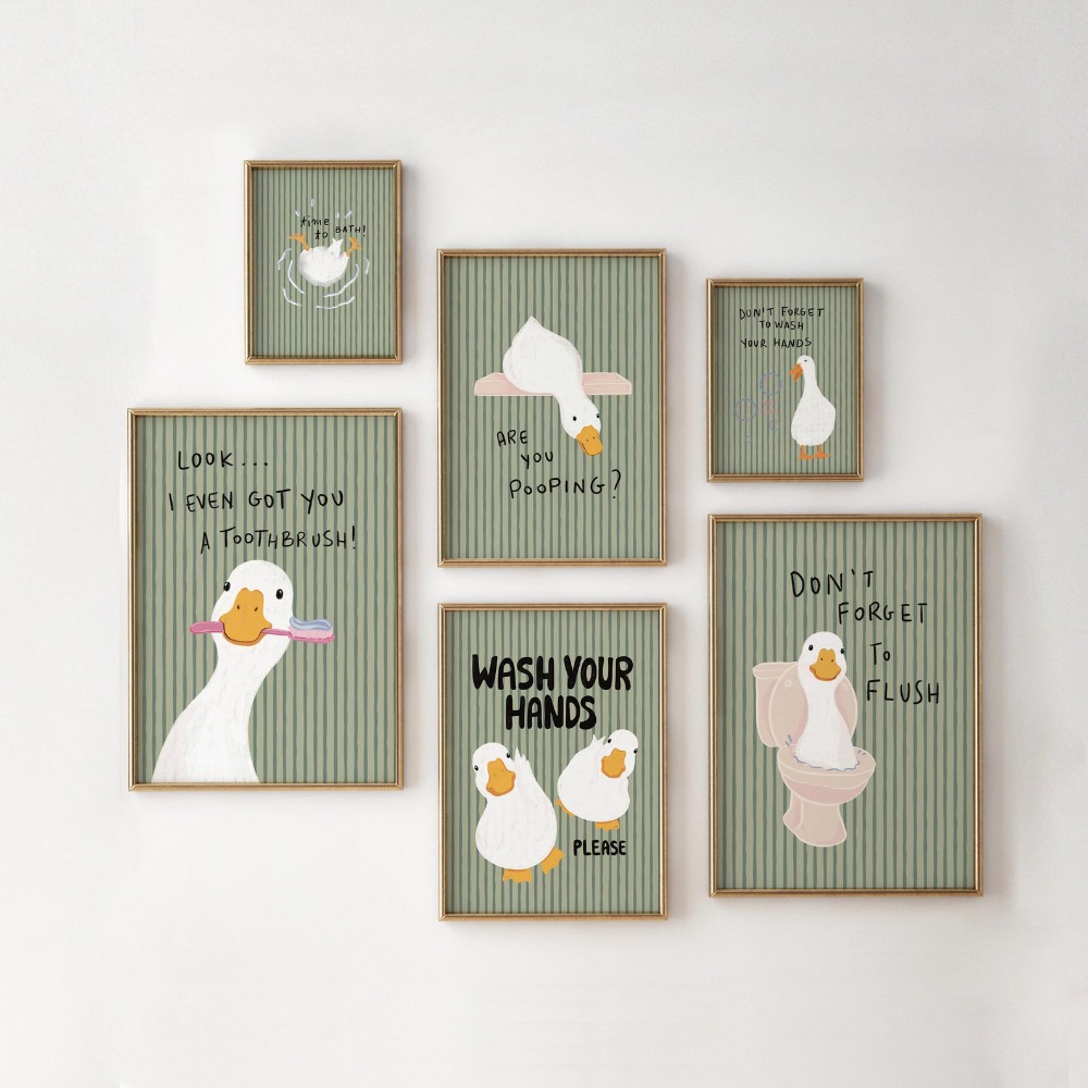 Photography Duck - ศิลปะติดผนังห้องน้ำแบบไร้กรอบ, คำคมตกแต่งห้องเด็กอ่อนลายเป็ดสีเขียว, ดาวน์โหลดดิจิทัลสไตล์ฟาร์มเฮาส์, ของตกแต่งผนังห้องน้ำห้องสุขา