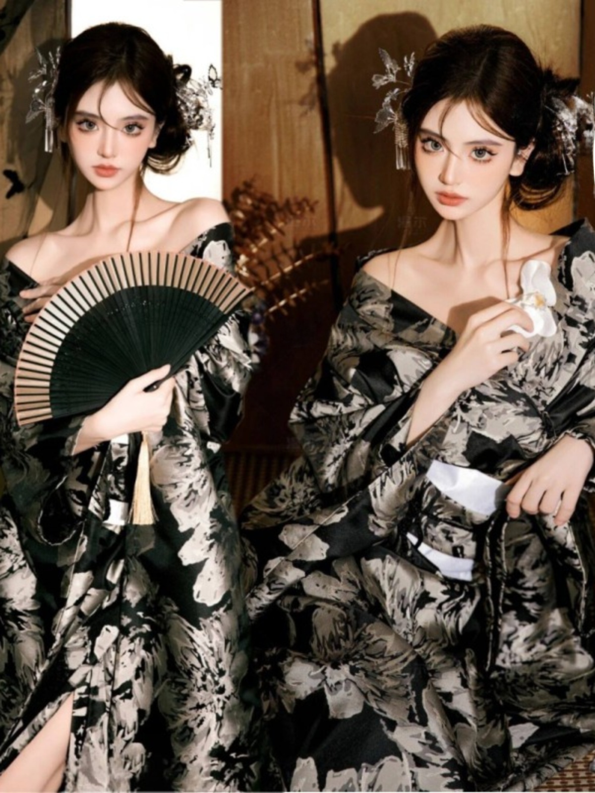 Photography Young - ชุดกิโมโนสไตล์ใหม่ ชุดถ่ายภาพ ชุดถ่ายภาพสไตล์ญี่ปุ่นแบบดั้งเดิม ชุดถ่ายภาพท่องเที่ยว สาวน้อย ชุดเจ้าหญิงสีดำ