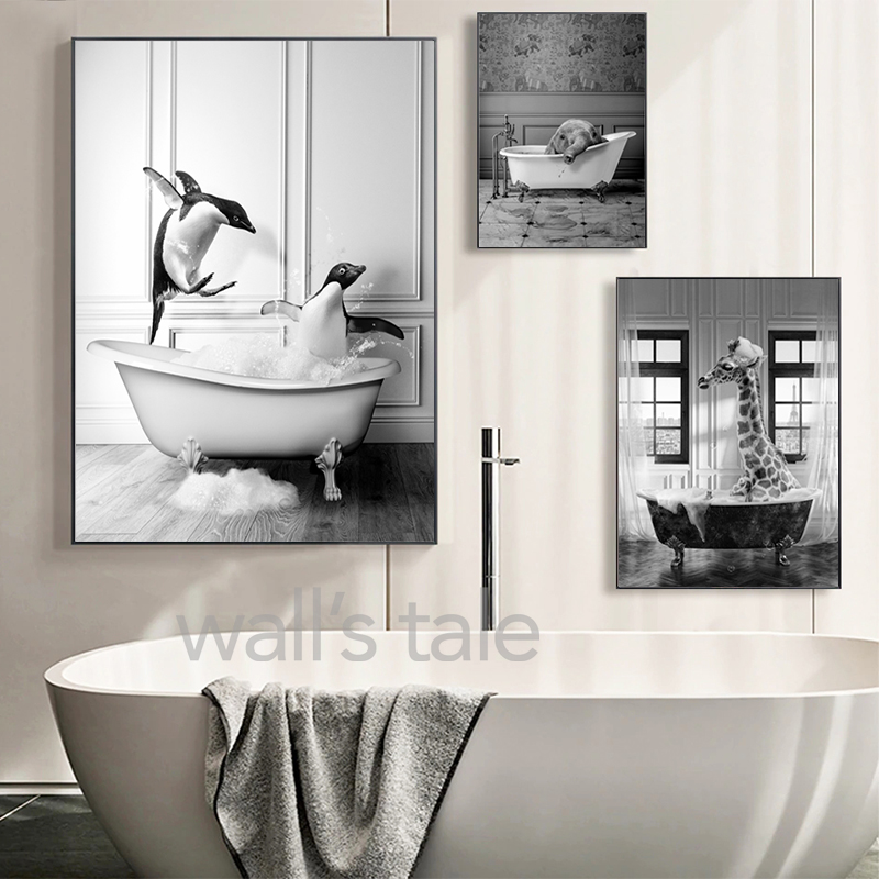 Photography Duck - สีดำและสีขาวสัตว์ห้องน้ำ Photo Wall Art ภาพยีราฟช้างตลกโปสเตอร์ผ้าใบพิมพ์ Decor