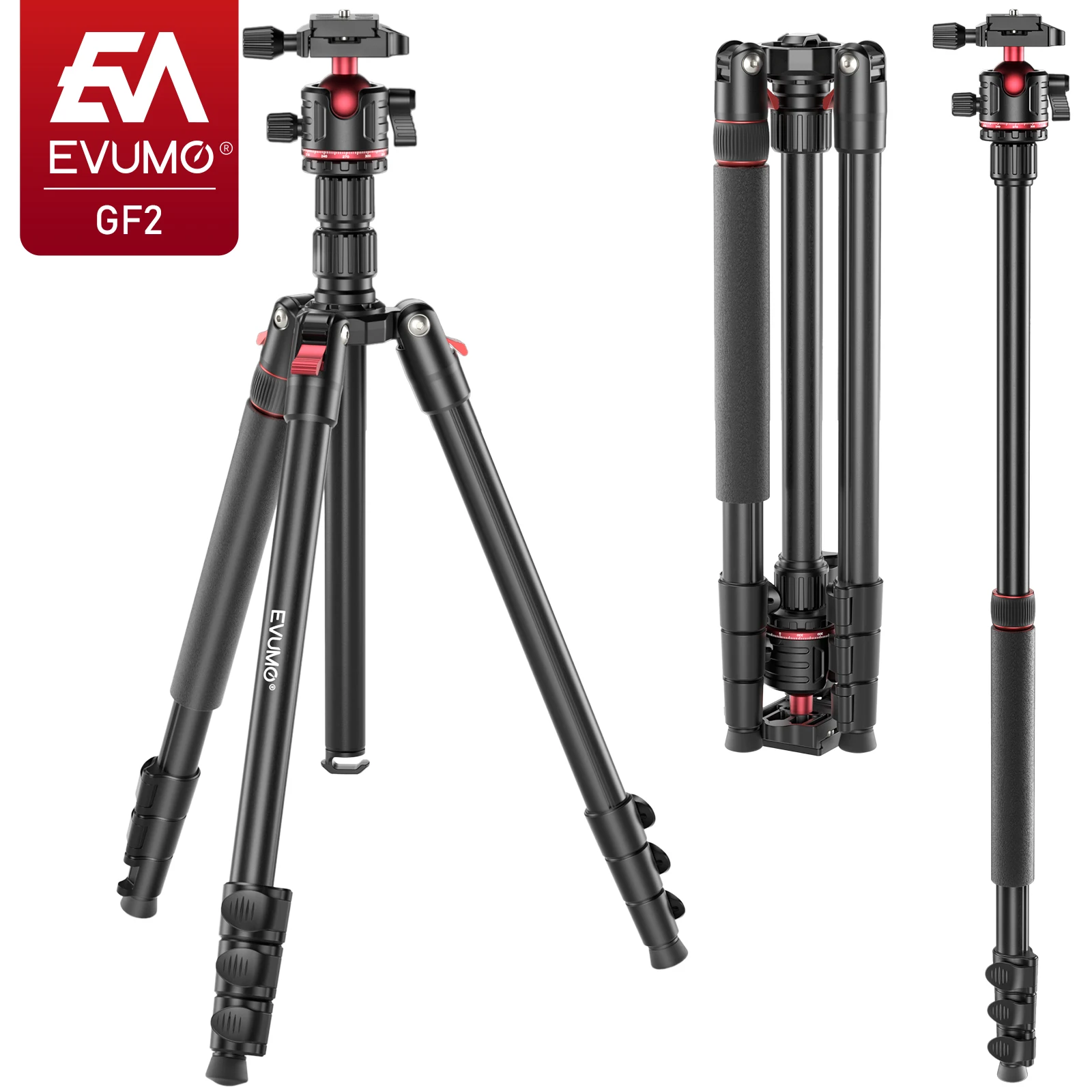 Camera Tripod Carbon - EVUMO GF2 ขาตั้งกล้องเดินทาง 1.73M อลูมิเนียมอัลลอยด์กล้องโทรศัพท์น้ําหนักเบาขาตั้ง W