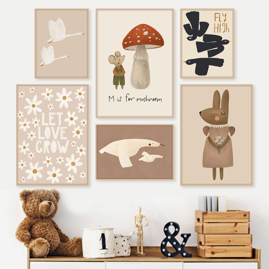 Photography Duck - Boho โปสเตอร์การ์ตูนรูปหนูและห่านกระต่ายภาพวาดผ้าใบศิลปะบนผนังโปสเตอร์นอร์ดิกย้อนยุคภาพติดผนังของตกแต่งห้องเด็กเล็ก